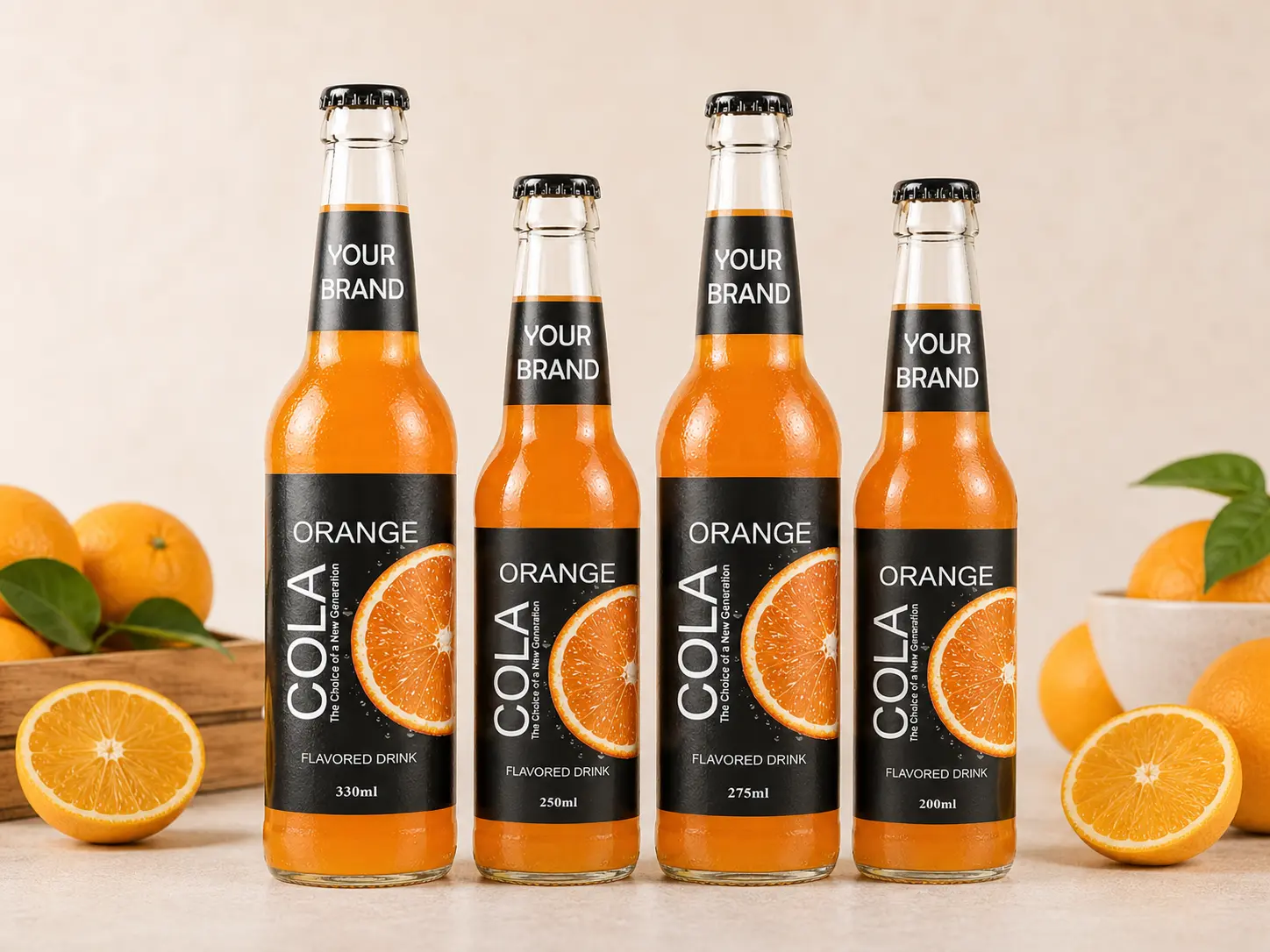 COLA DRINK Orange flavour in 330ml, 250ml, 275ml, and 200ml glass bottles.